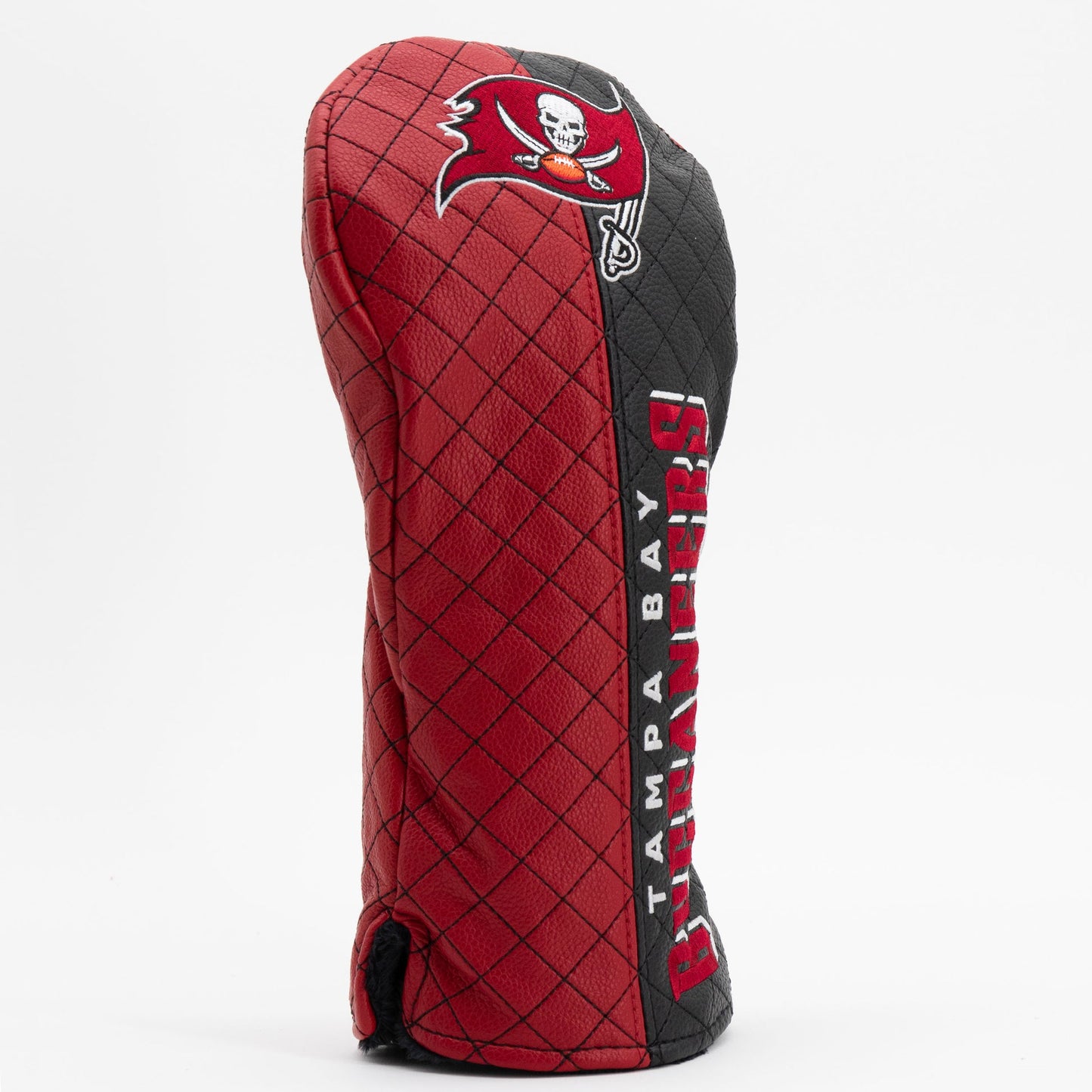 Red and black quilted golf club head cover with Tampa Bay Buccaneers logo on a white background