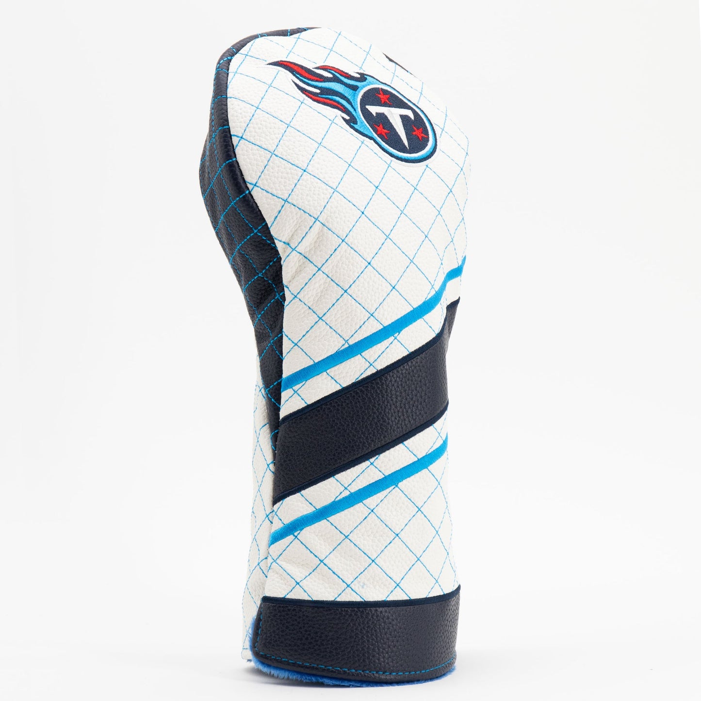 Golf club head cover with grid pattern and logo on a white background