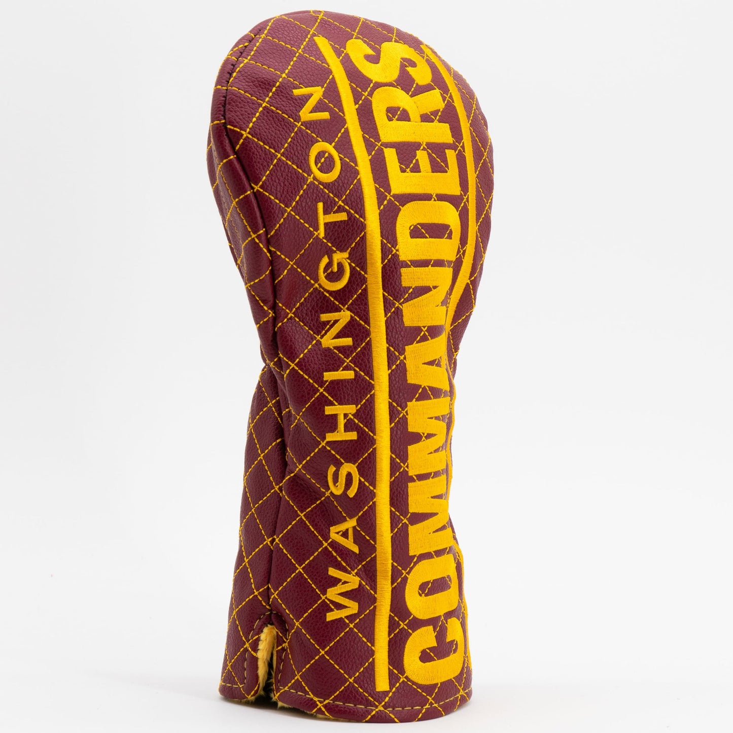 Maroon and yellow golf club head cover with 'Washington Commanders' text on a white background