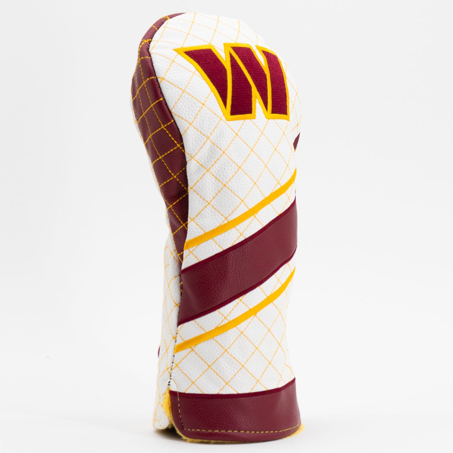 Golf club head cover with maroon, white, and yellow design on a white background