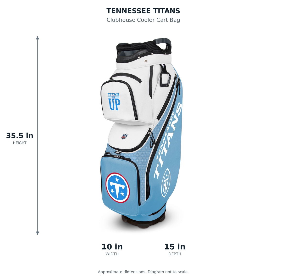Tennessee Titans Clubhouse Cooler Cart Bag - approximate dimensions: 35.5 inches high, 10 inches wide, 15 inches deep