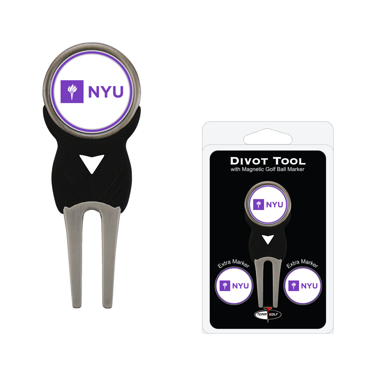 NYU Violets divot repair tool and three ball markers