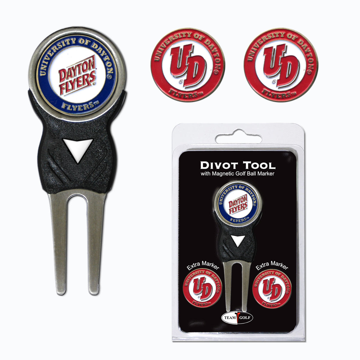 Dayton Flyers divot repair tool and three ball markers