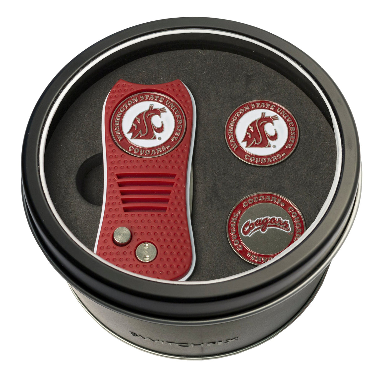 Washington State Cougars + 2 Ball Marker Tin Gift Set Switchblade divot tool and ball marker tin gift set