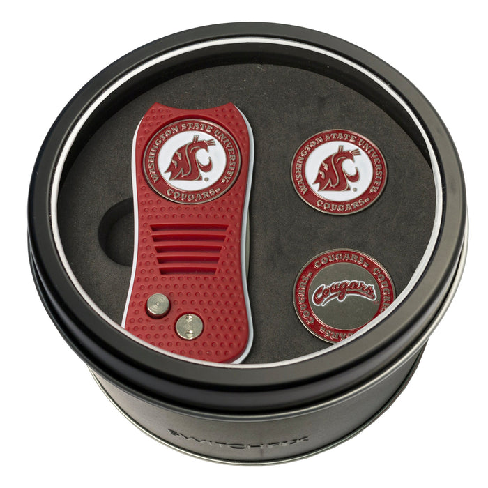 Washington State Cougars + 2 Ball Marker Tin Gift Set Switchblade divot tool and ball marker tin gift set