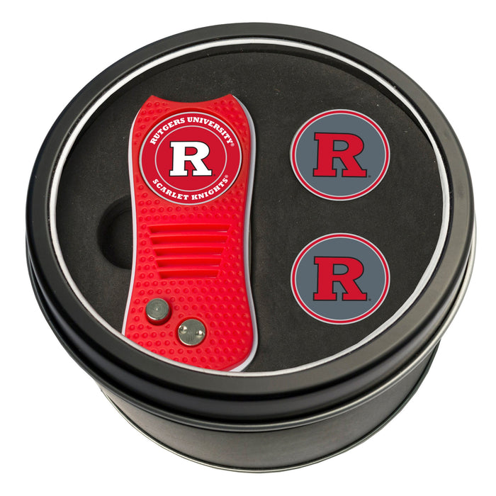 Rutgers Switchblade divot tool and ball marker tin gift set