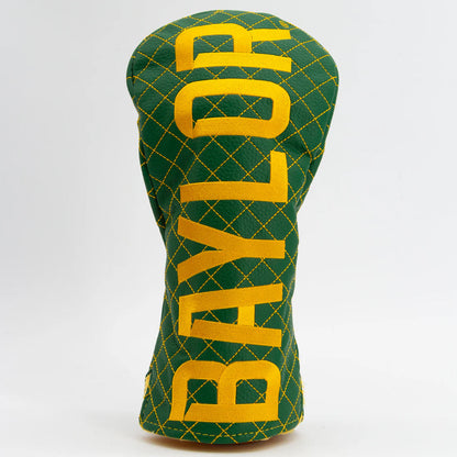 Green golf club head cover with yellow 'Baylor' text on a white background