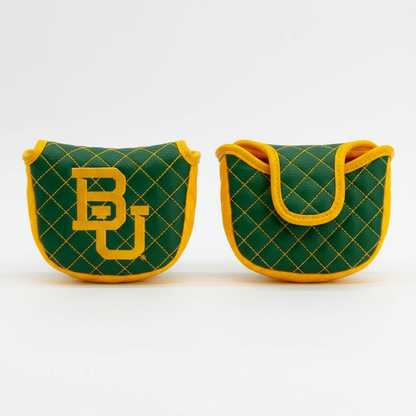 Two green and yellow golf club covers with 'BU' logo on a white background