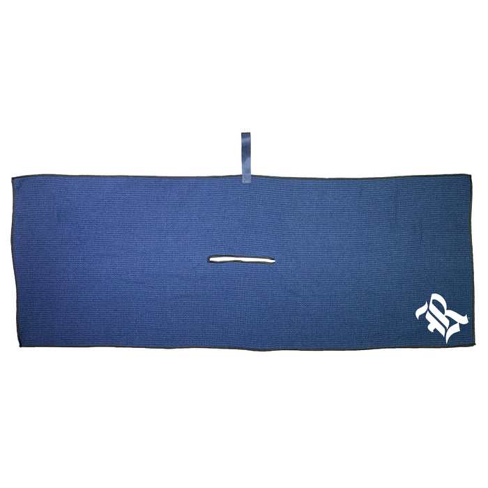 Navy Rice Owls microfiber golf towel with white Rice logo, center slit, and hanging loop