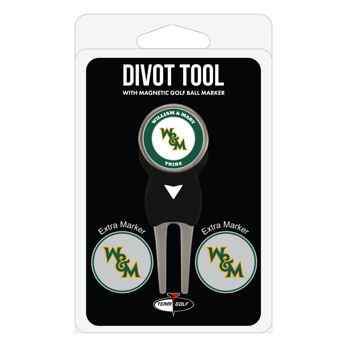 William & Mary Tribe divot repair tool and three ball markers