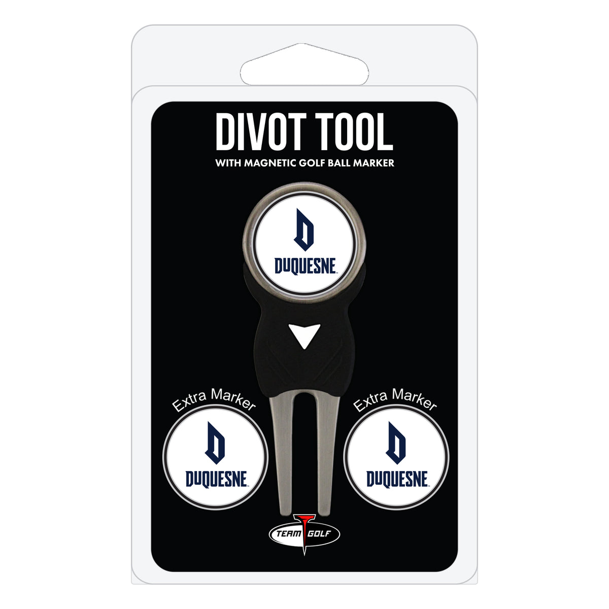 Duquesne Dukes divot repair tool and three ball markers