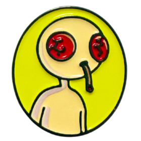 Cartoonish character with red eyes and a yellow circle on a white background