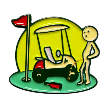 Cartoon illustration of a golfer with a golf cart on a golf course