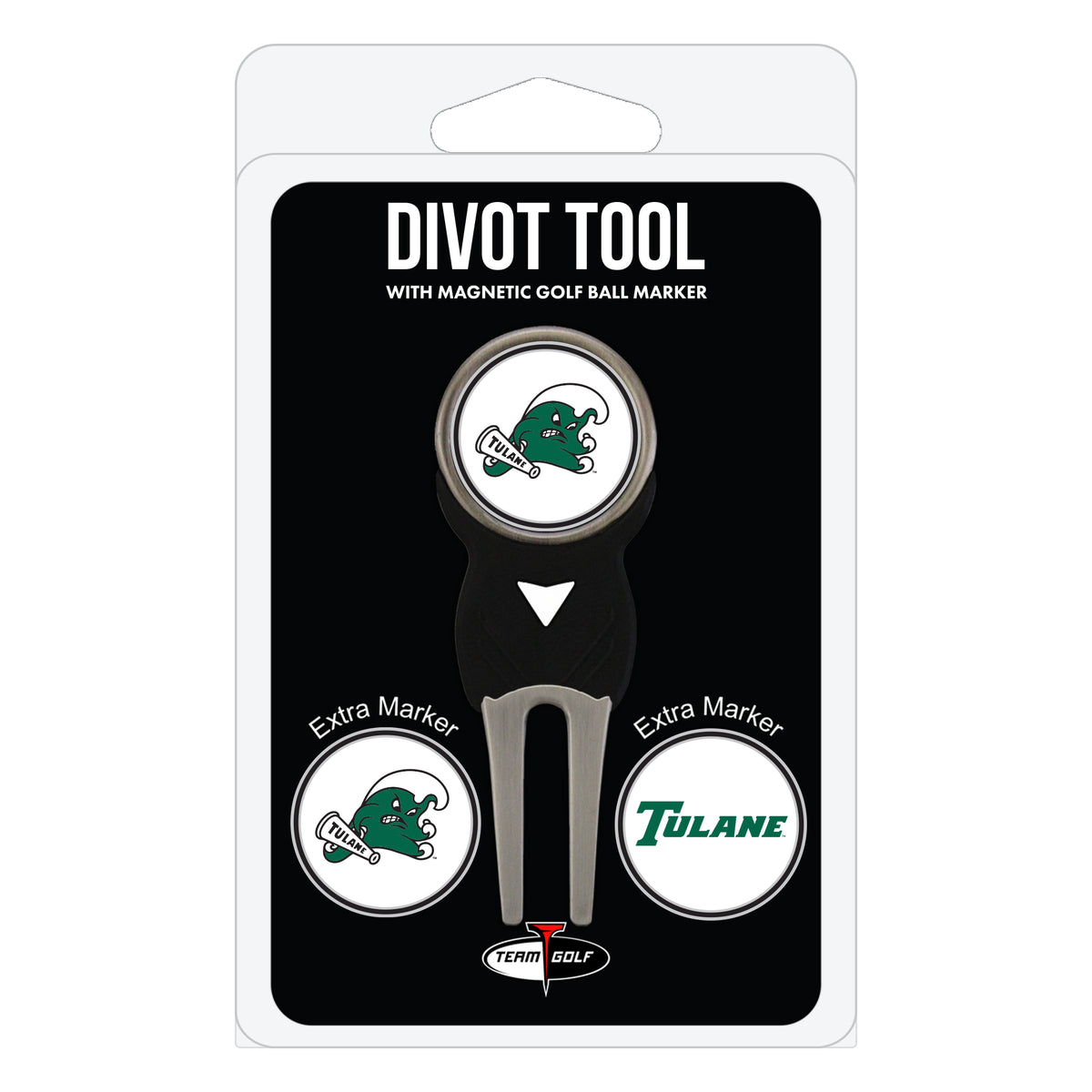 Tulane Green Wave divot repair tool and three ball markers