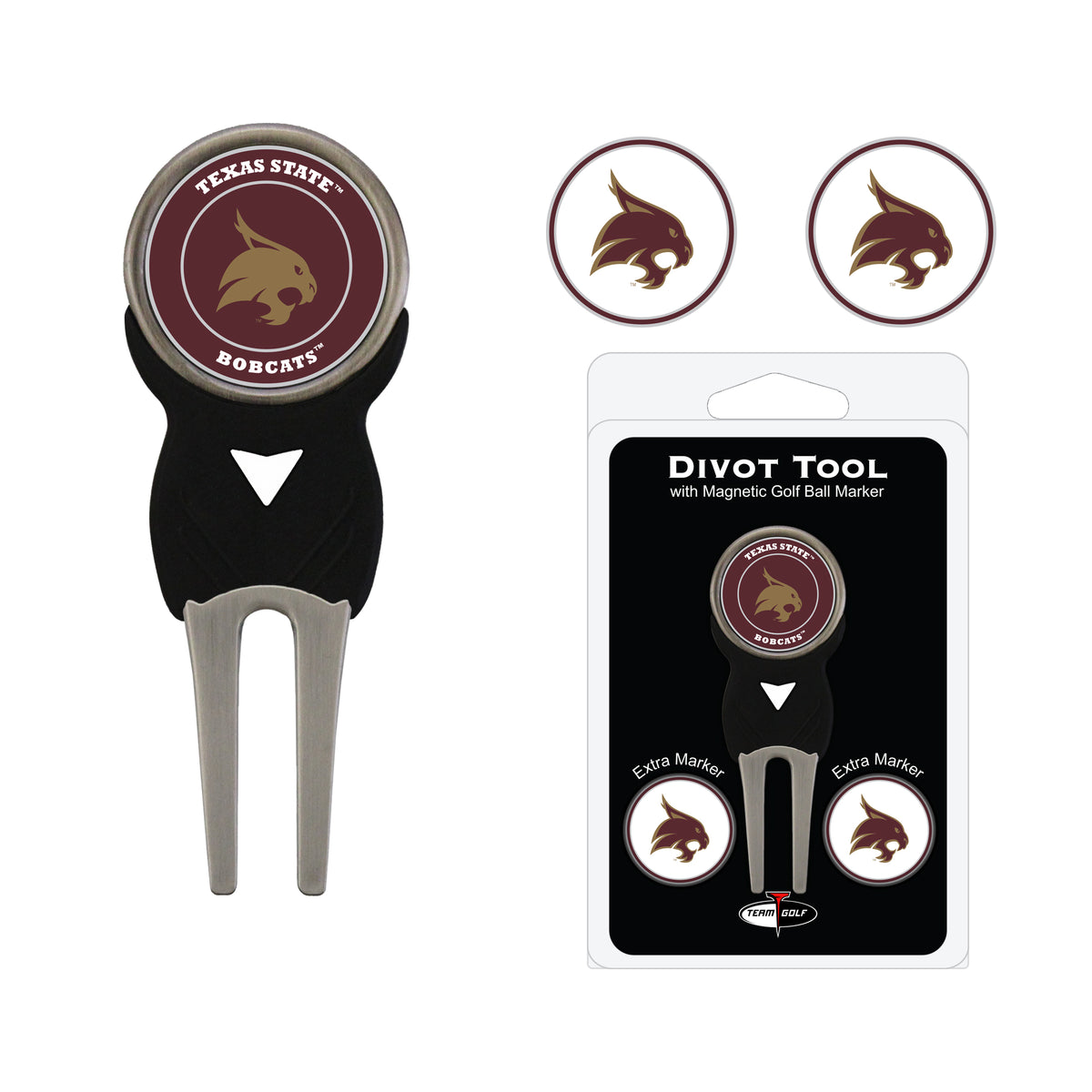 Texas State Bobcats divot repair tool and three ball markers
