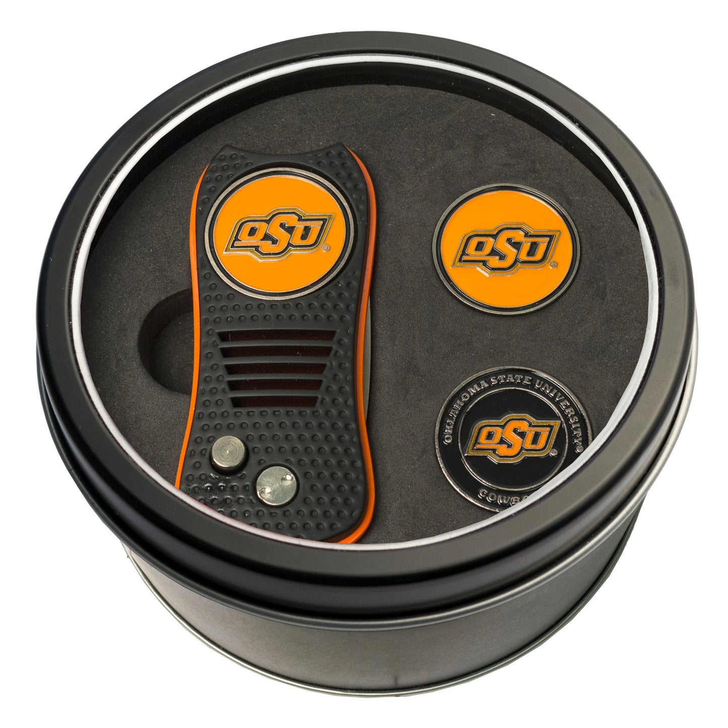 Oklahoma State Switchblade divot tool and ball marker tin gift set
