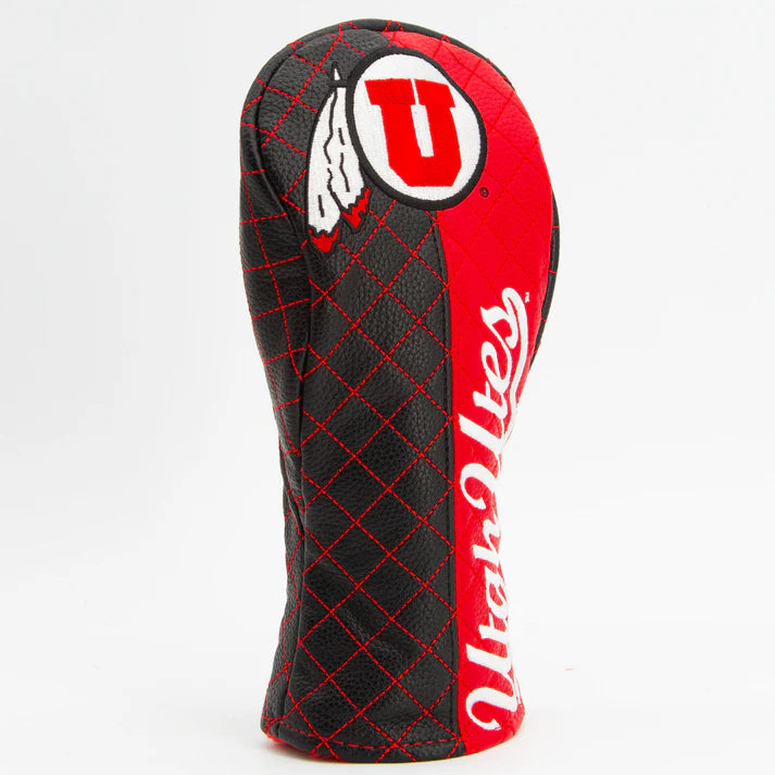 Golf club head cover with red and black design on a white background