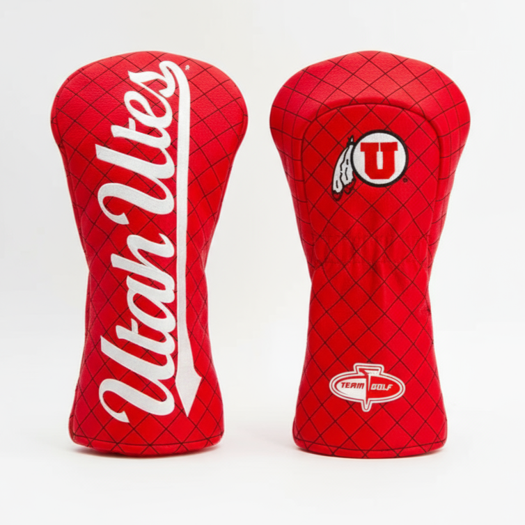 Two red golf club head covers with 'Utah Utes' branding on a white background