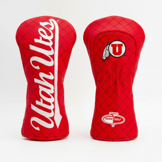 Two red golf club head covers with 'Utah Utes' branding on a white background