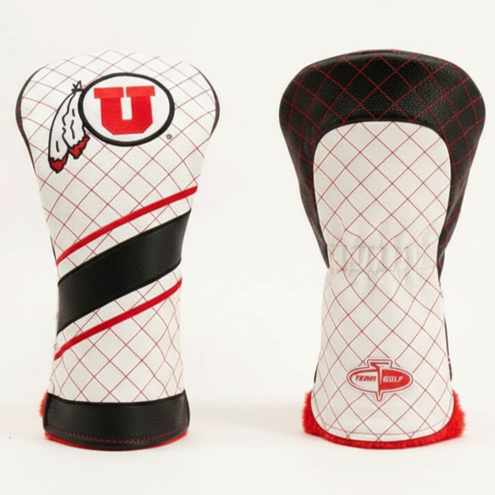 Two golf club head covers with a logo on a white background