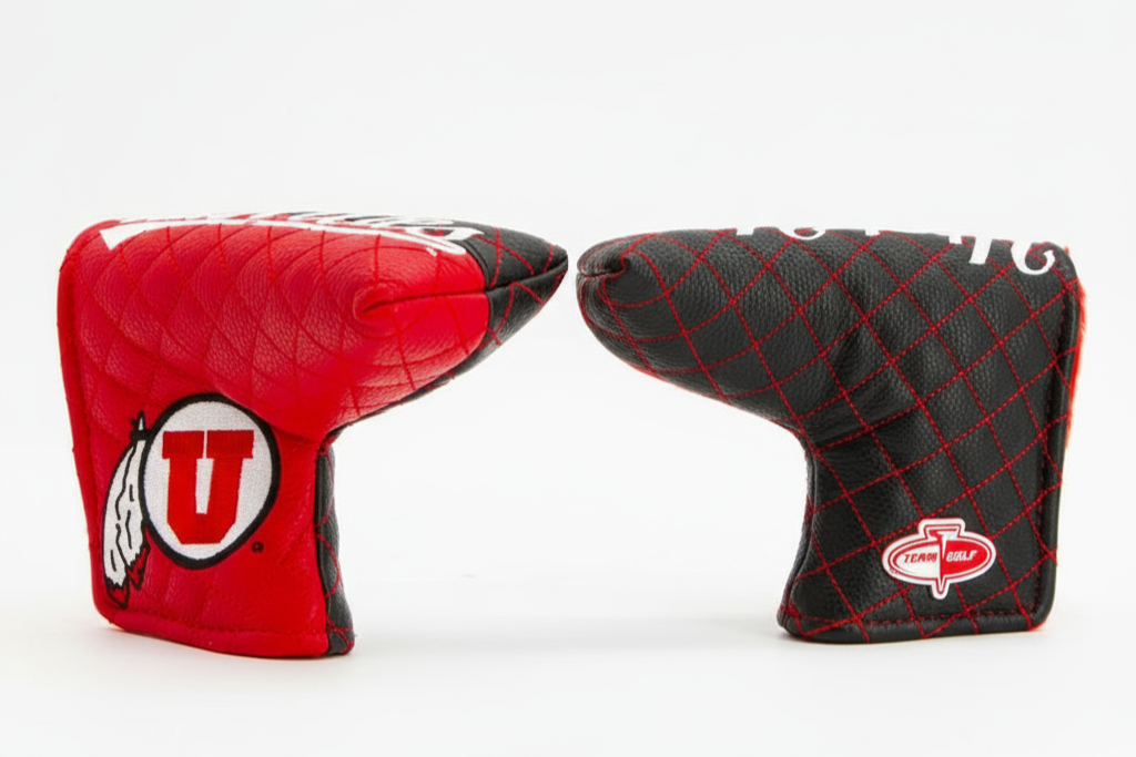 Red and black golf club head covers with logos on a white background
