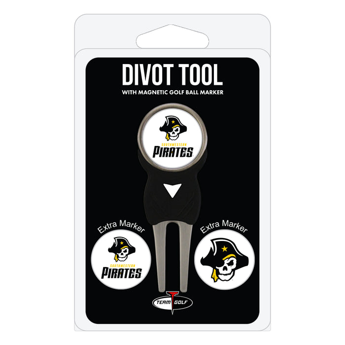 Southwestern Pirates divot repair tool and three ball markers