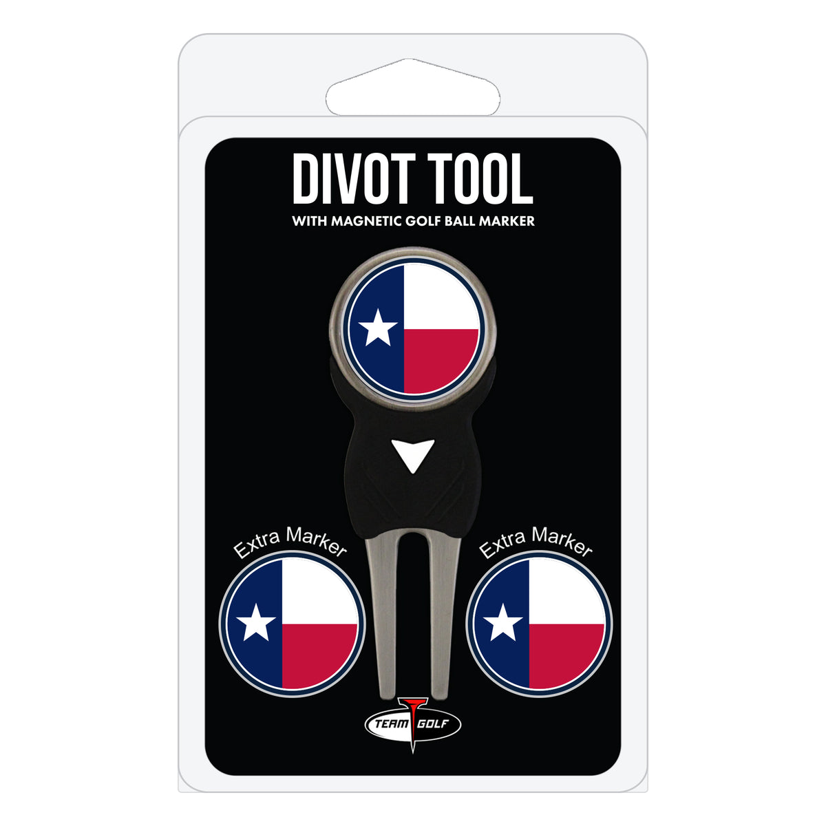 Texas Flag divot repair tool and three ball markers
