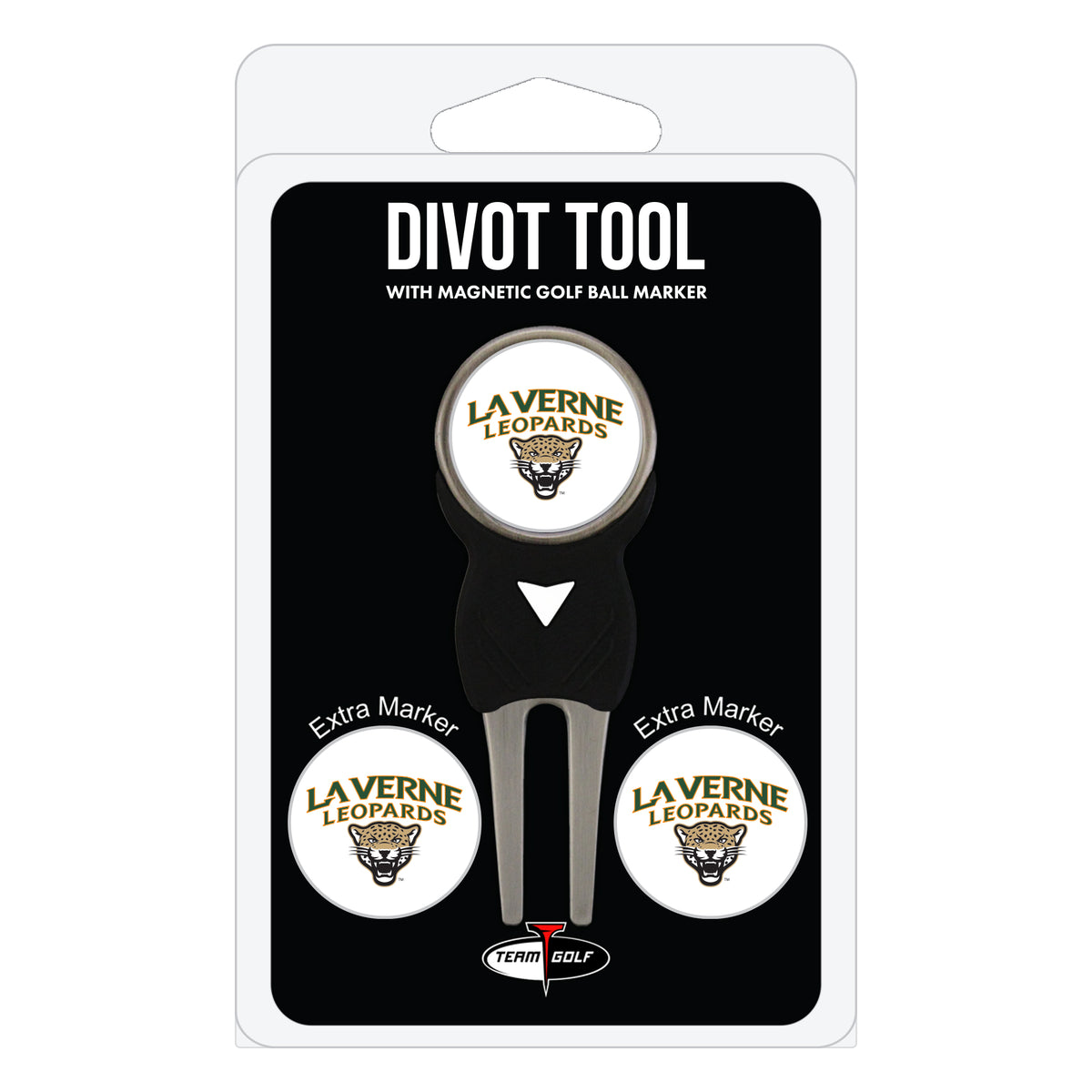 La Verne Leopards divot repair tool and three ball markers