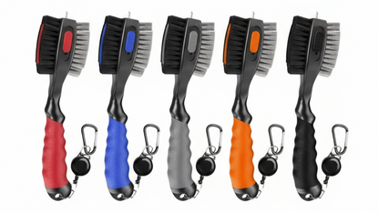 Set of five cleaning brushes with colorful handles on a white background