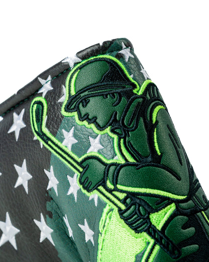 Close-up of toy-soldier embroidery on Army Man putter headcover