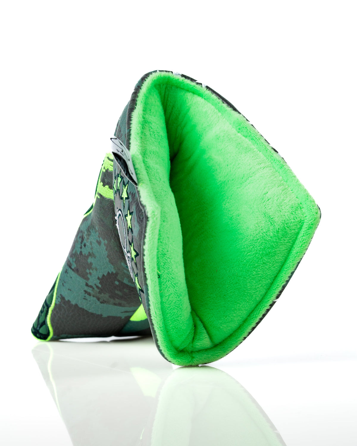 Open Army Man blade putter headcover showing bright green soft lining