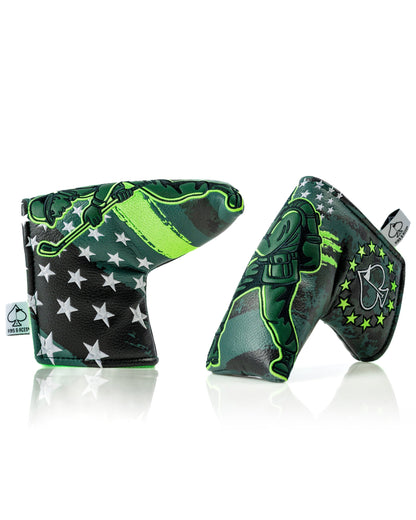 Front and rear views of Pins and Aces Army Man blade putter headcover