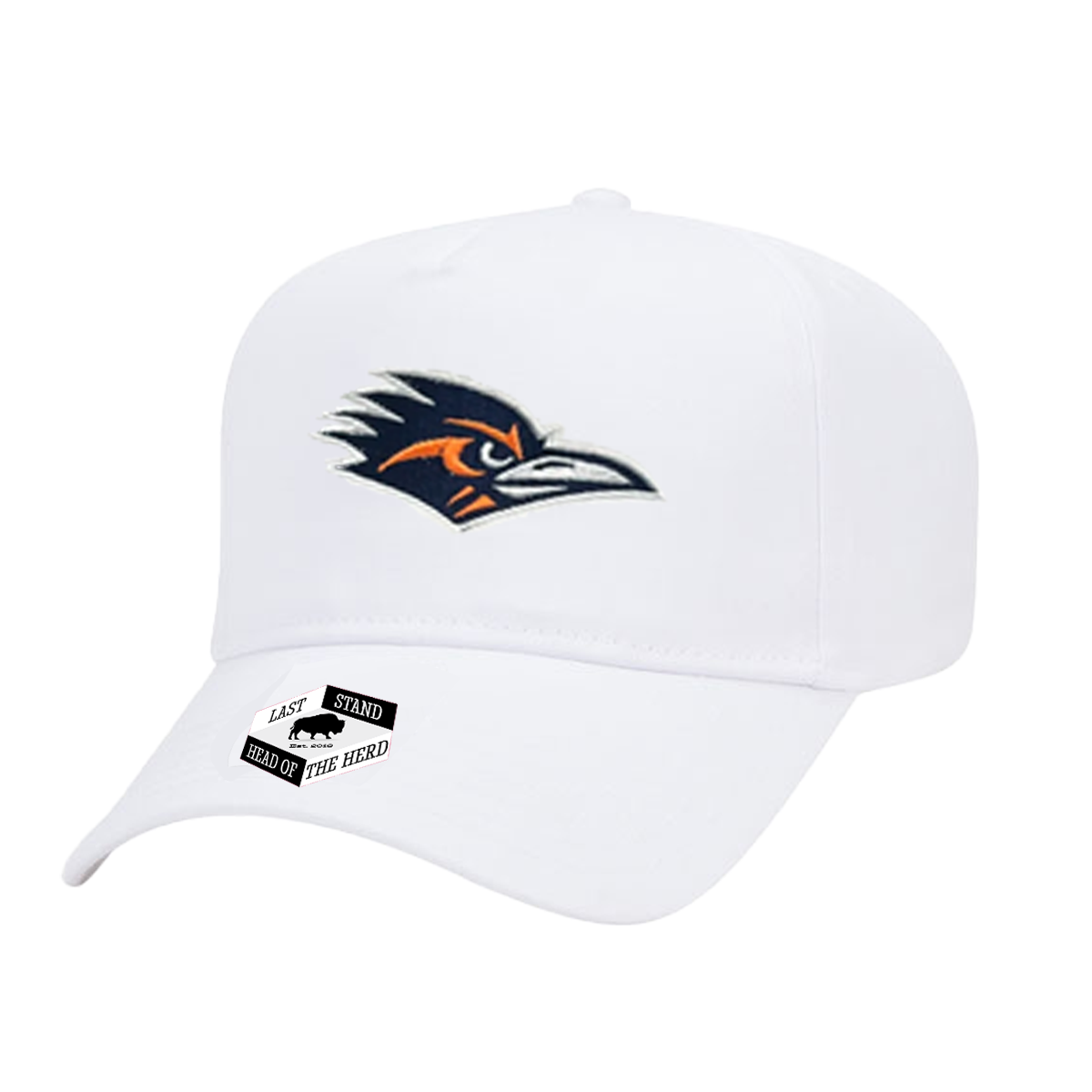 White cap with a logo on a white background