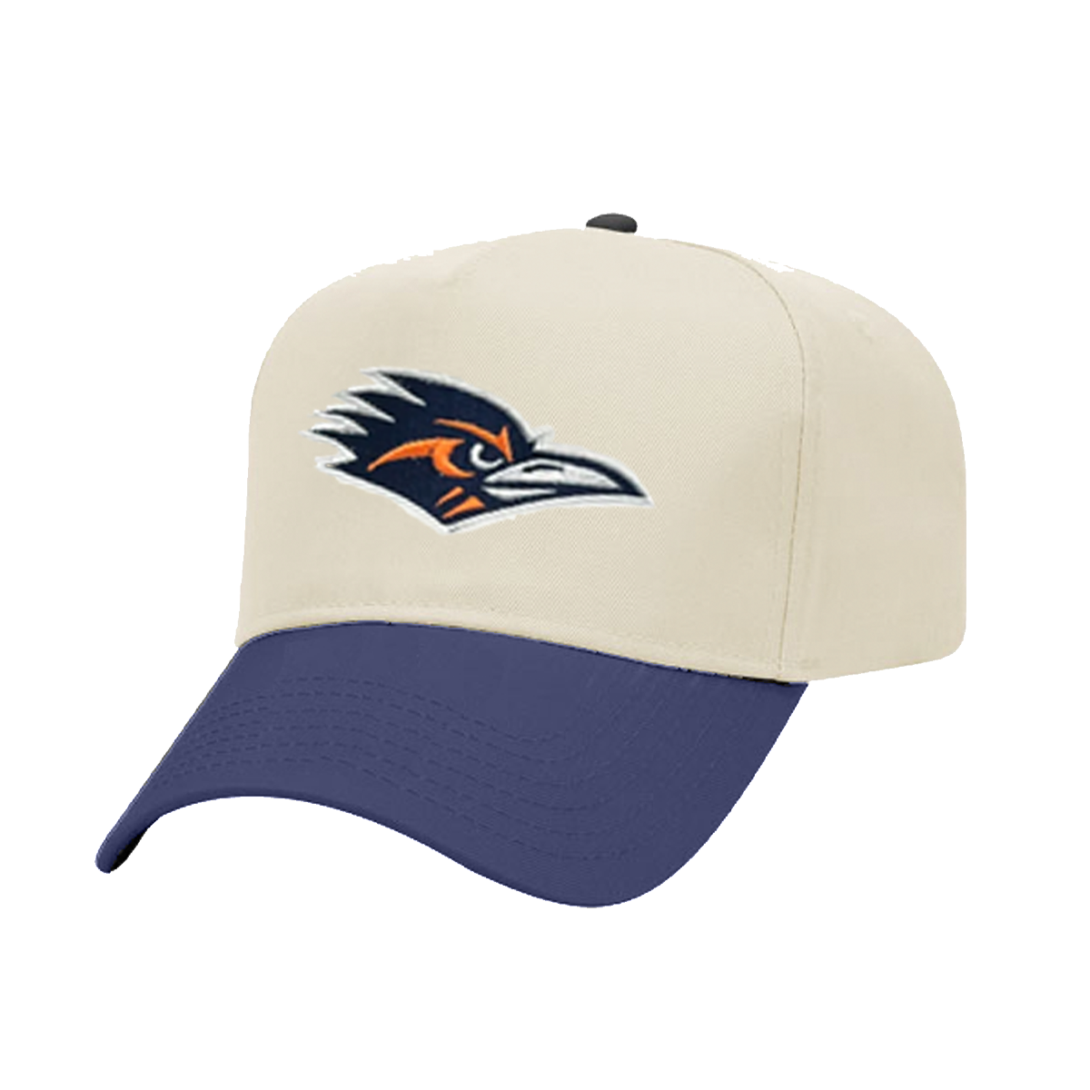 Beige and blue cap with a logo on a white background