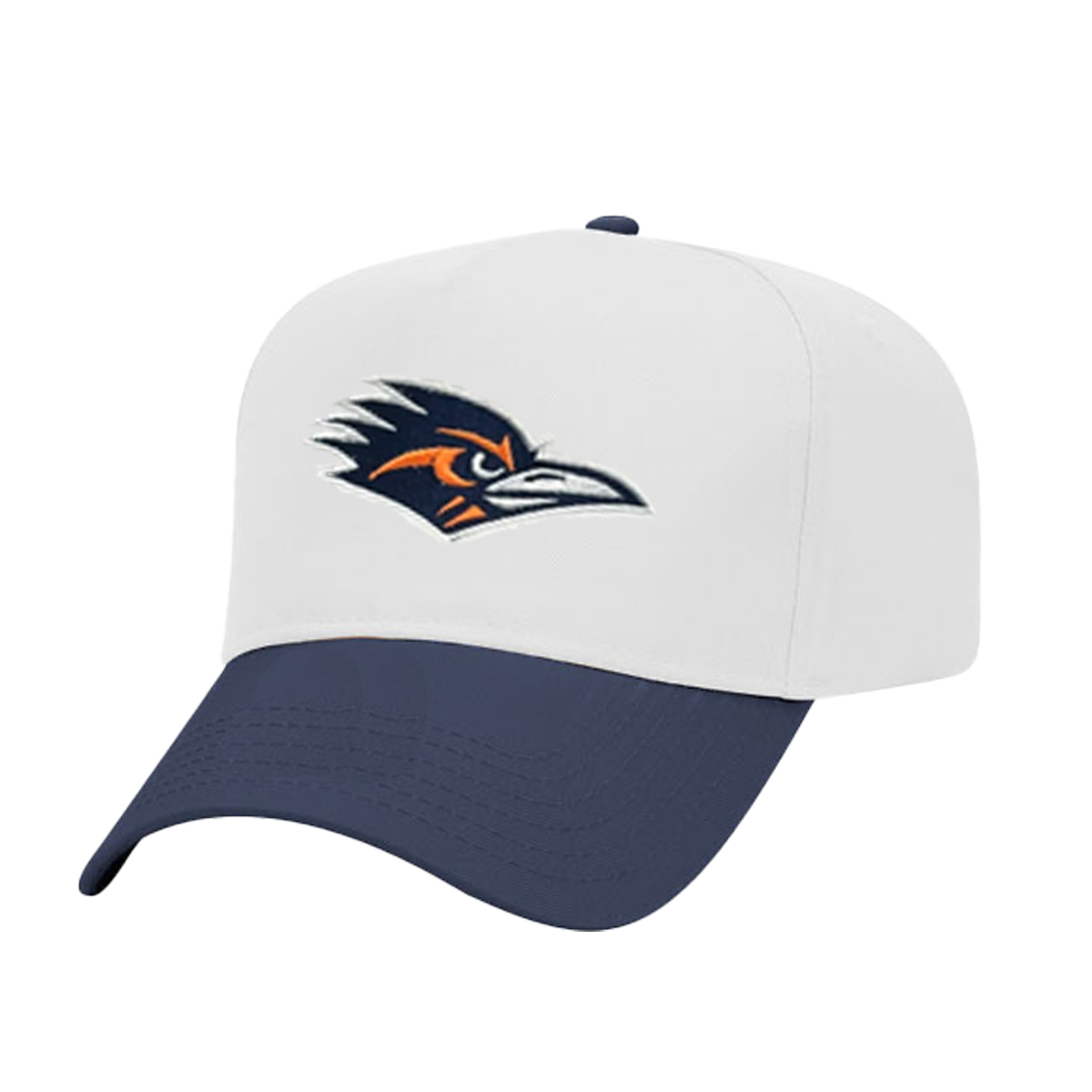 White and navy cap with a logo on a white background