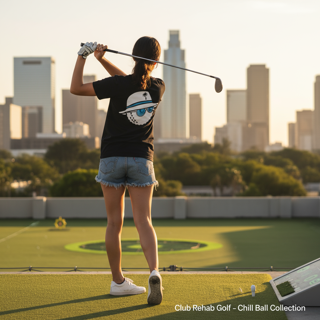 Person playing golf with a city skyline in the background
