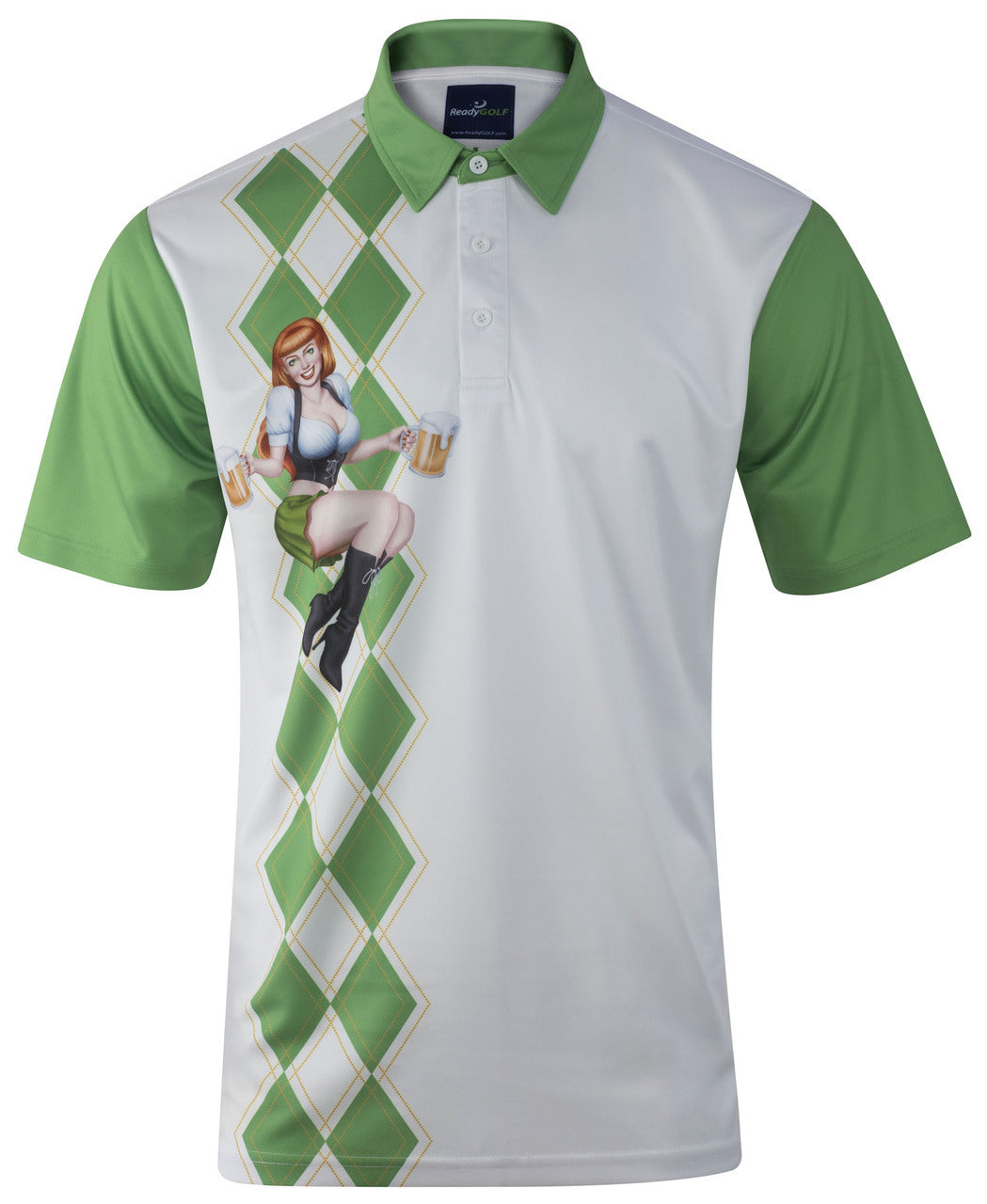 ReadyGOLF Beer Girl white polo with green sleeves, green argyle panel and beer-girl artwork