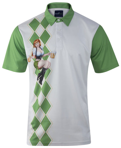 ReadyGOLF Beer Girl white polo with green sleeves, green argyle panel and beer-girl artwork