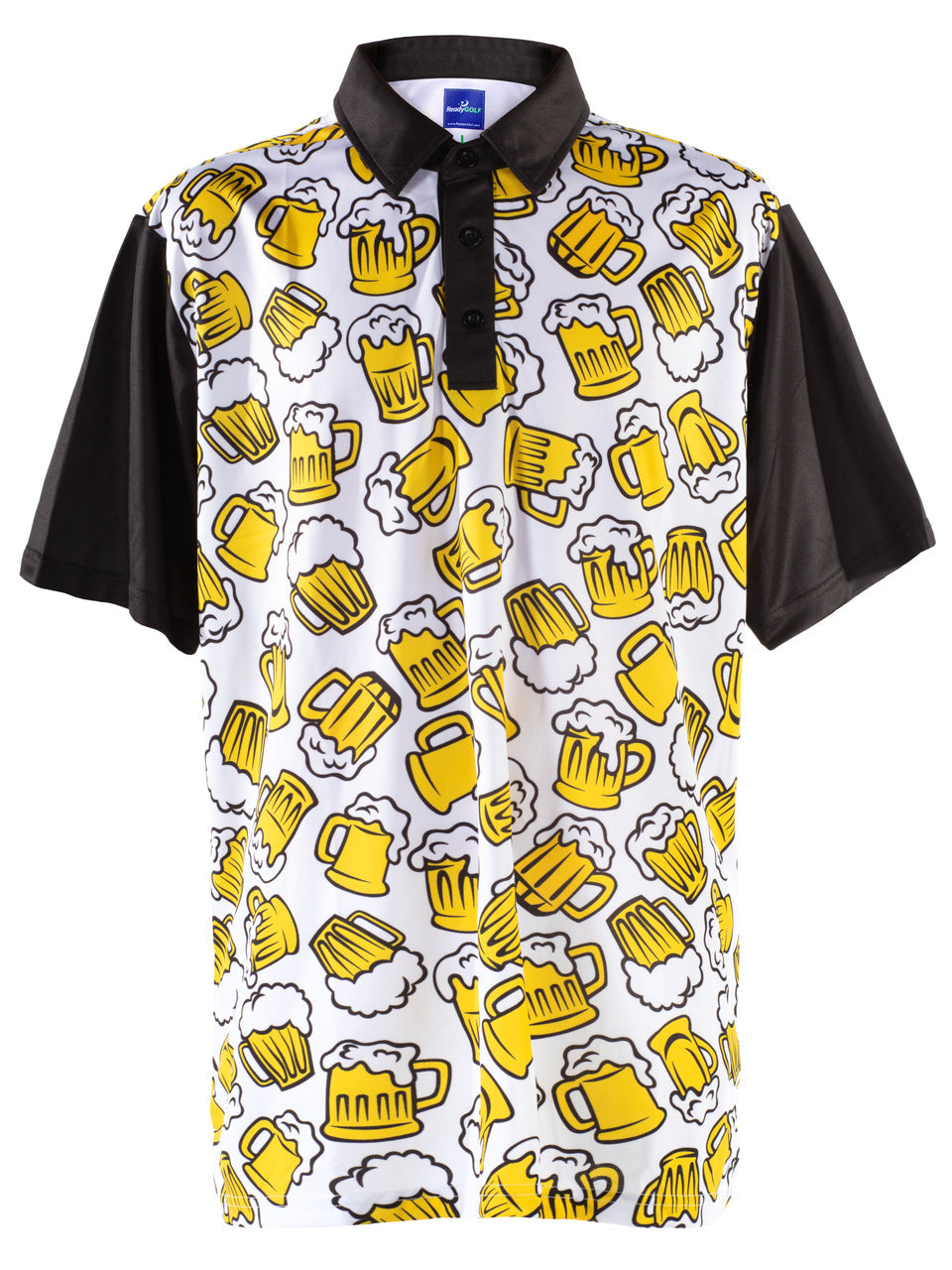 ReadyGOLF Beer Me polo with yellow beer-mug print, black sleeves and black collar