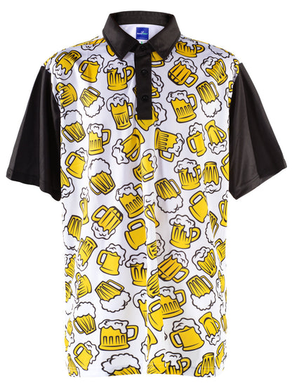 ReadyGOLF Beer Me polo with yellow beer-mug print, black sleeves and black collar