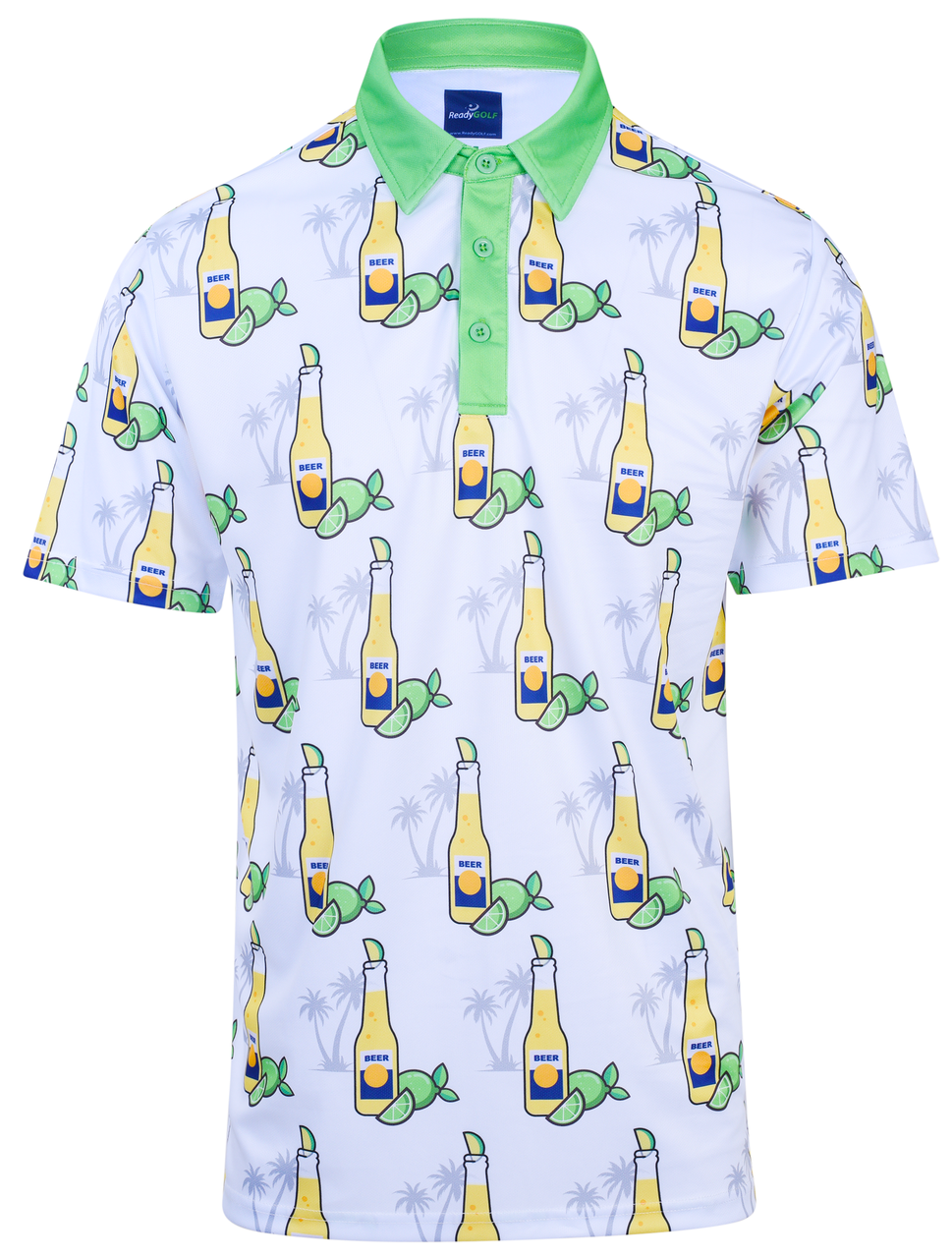 ReadyGOLF Beer O’Clock Somewhere white polo with beer bottle and lime print and green collar