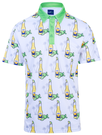 ReadyGOLF Beer O’Clock Somewhere white polo with beer bottle and lime print and green collar
