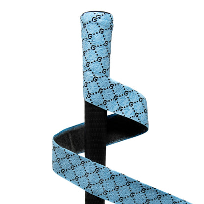 Powder Blue FG Print wrap spiraling around an existing black golf grip