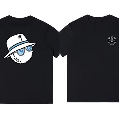 Black t-shirt with a graphic of a character wearing a hat and sunglasses on one side, and a small logo on the other side.