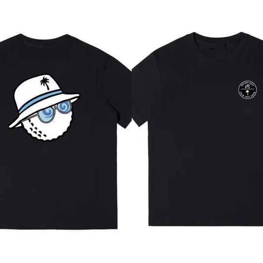 Black t-shirt with a graphic of a character wearing a hat and sunglasses on one side, and a small logo on the other side.