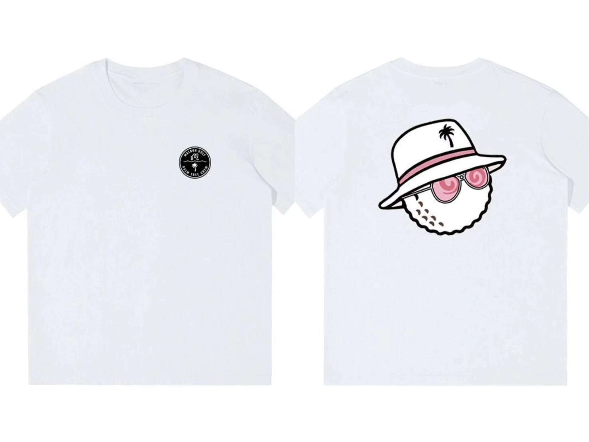 Two white t-shirts with a graphic design on a white background