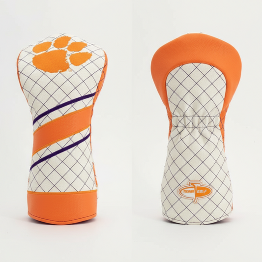 Two golf club head covers with orange and white design on a light gray background