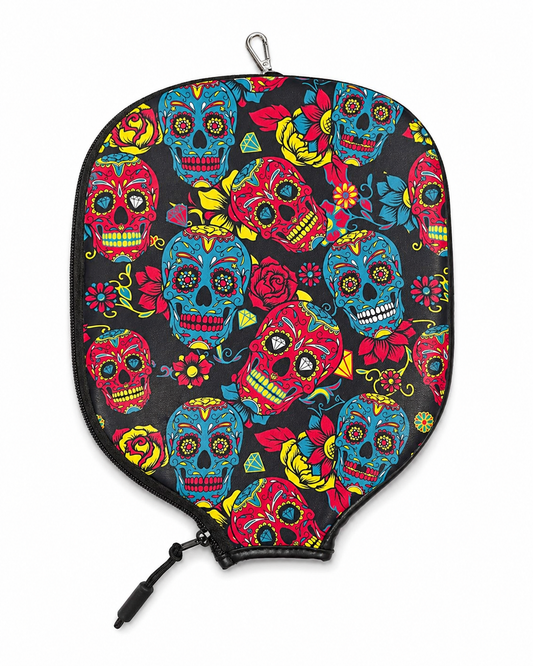 Colorful skull-patterned pickleball paddle cover on a white background