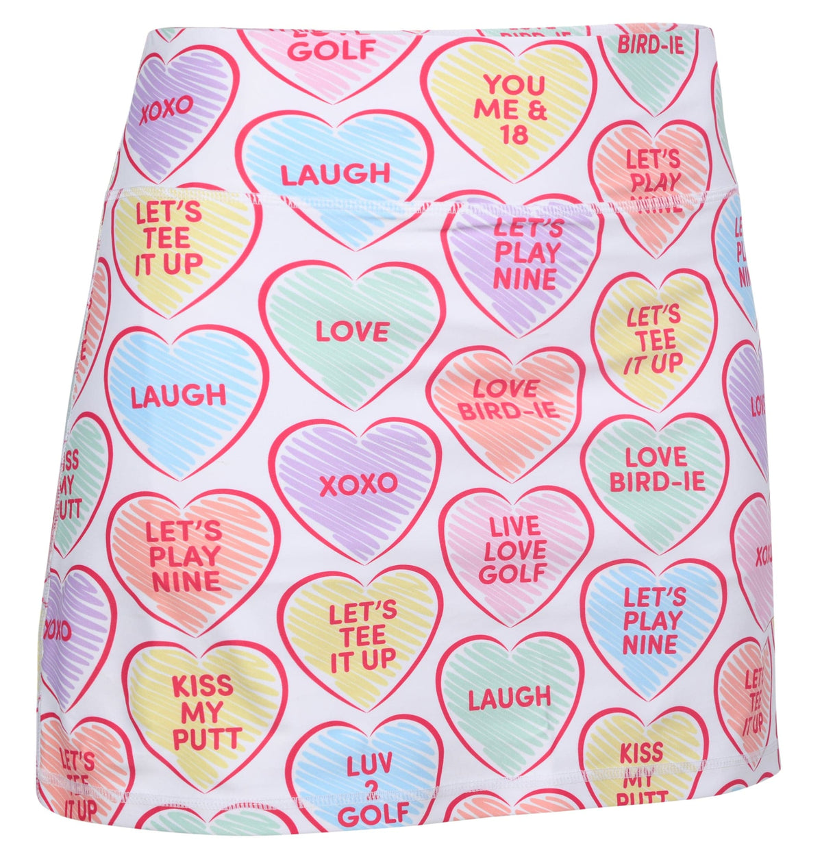 ReadyGOLF Candy Hearts women’s golf skort with pink golf-themed candy hearts