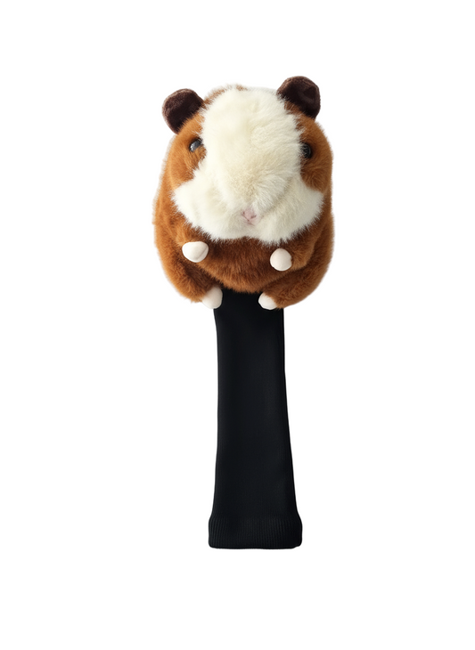 Plush toy resembling a hamster on a black stand against a white background